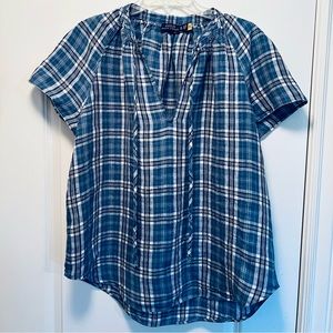 Polo Ralph Lauren 100% linen split collar plaid top. Size XL. Cute!